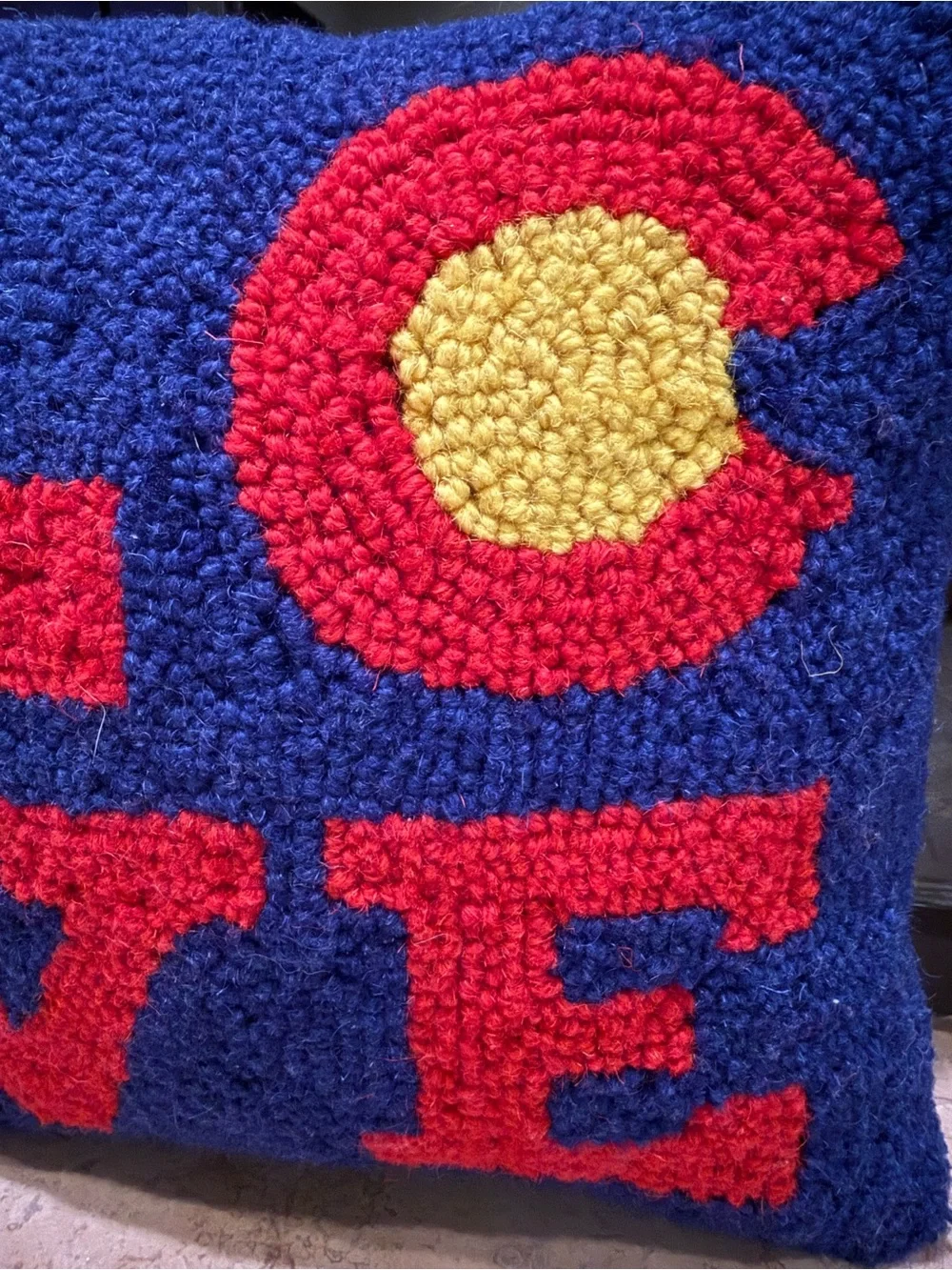Blue Hooked Pillow with RED LOVE and Yellow Accent